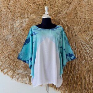 White Turquoise Blue Hand Tie Dyed Dolman Sleeve Top Blouse Shirt (#24)